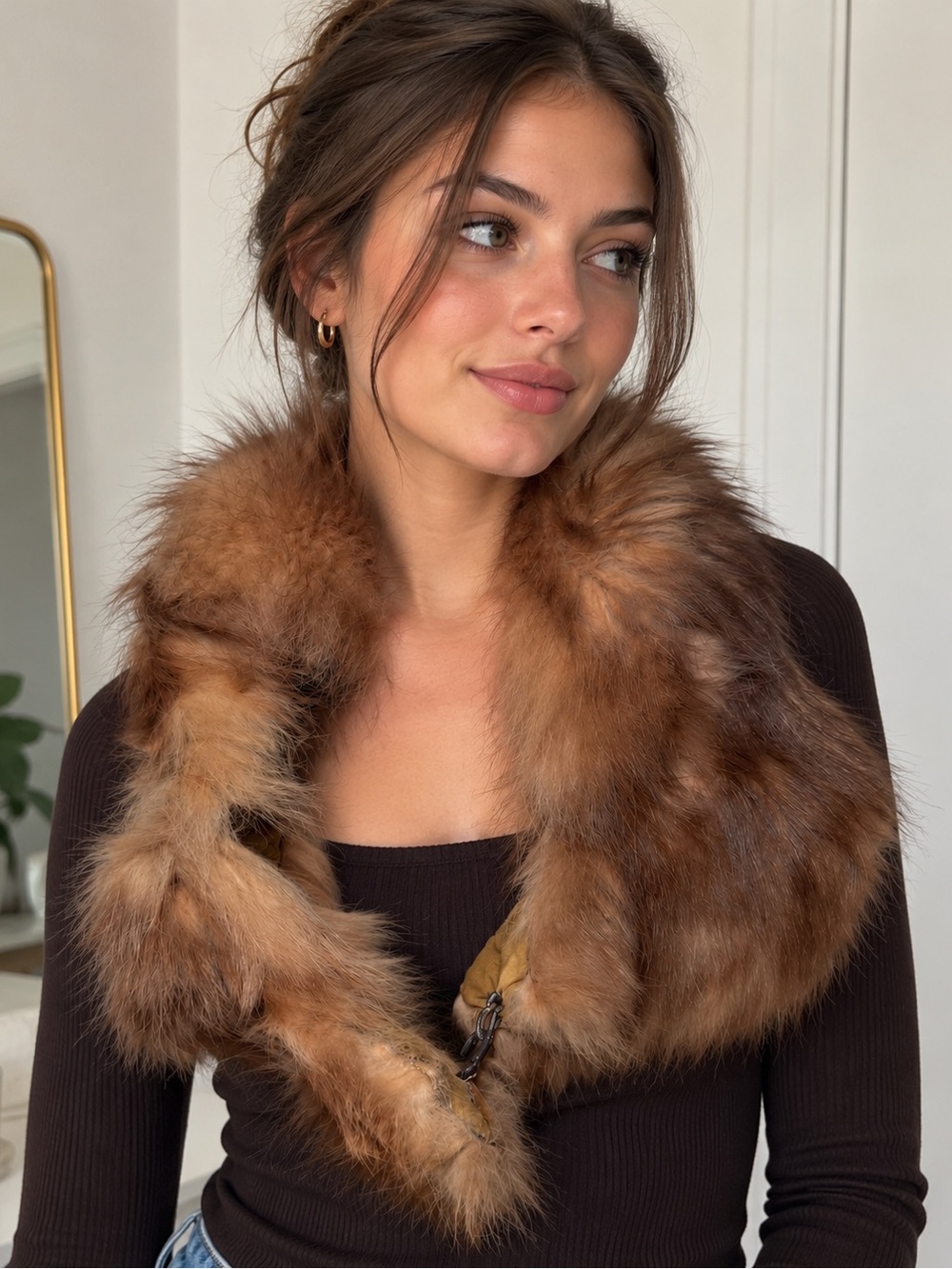Vintage Genuine Real Fur Stole Wrap Brown Red Long Hair Shawl Collar Old